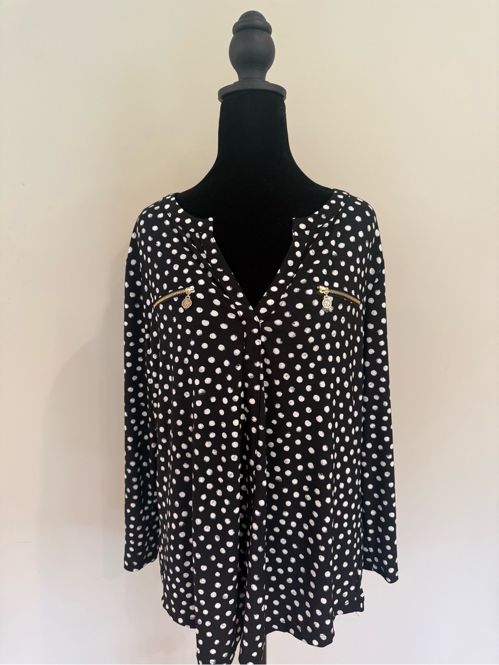 Anne Klein Black Polka Dot Long-Sleeve Tunic with Gold Zip Accents